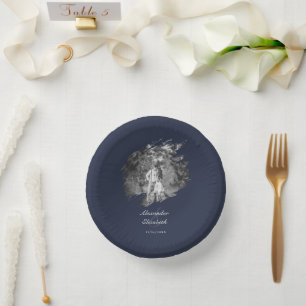 Modern Brushstroke Photo Wedding Navy Blue Paper Bowls