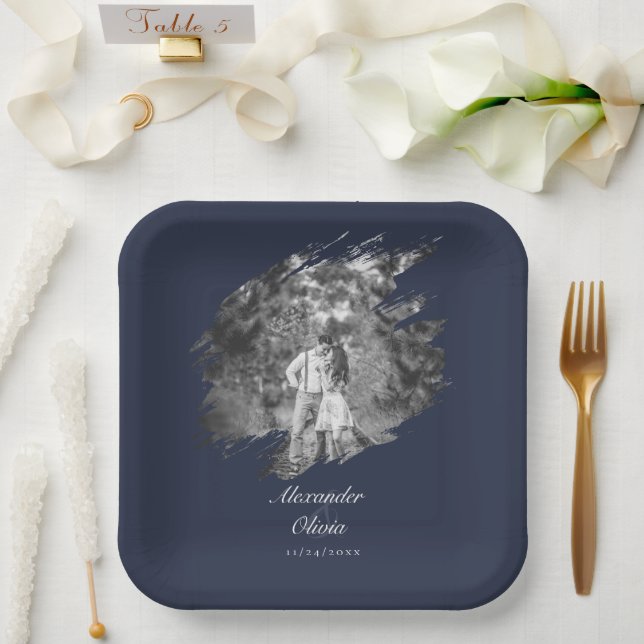 Modern Brushstroke Photo Wedding | Navy Blue Paper Plates (Wedding)