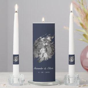 Modern Brushstroke Photo Wedding Navy Blue Unity Candle Set