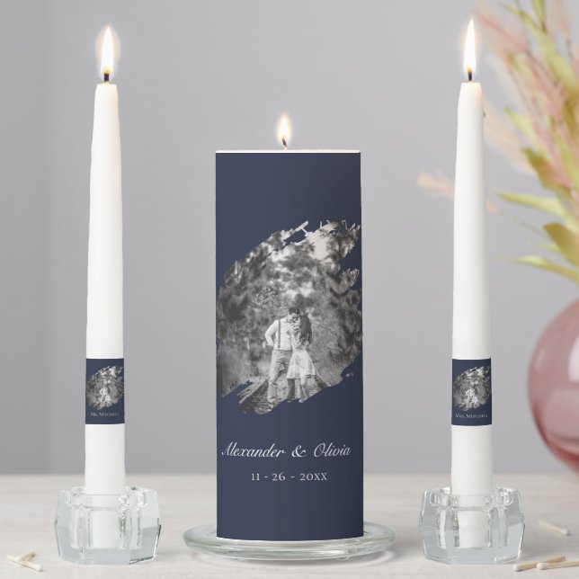 Modern Brushstroke Photo Wedding | Navy Blue Unity Candle Set (In Situ)