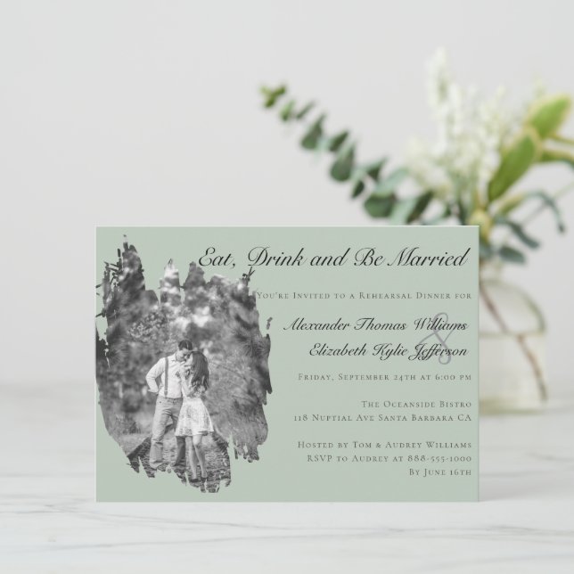 Modern Brushstroke Photo Wedding Rehearsal Dinner  Invitation (Standing Front)