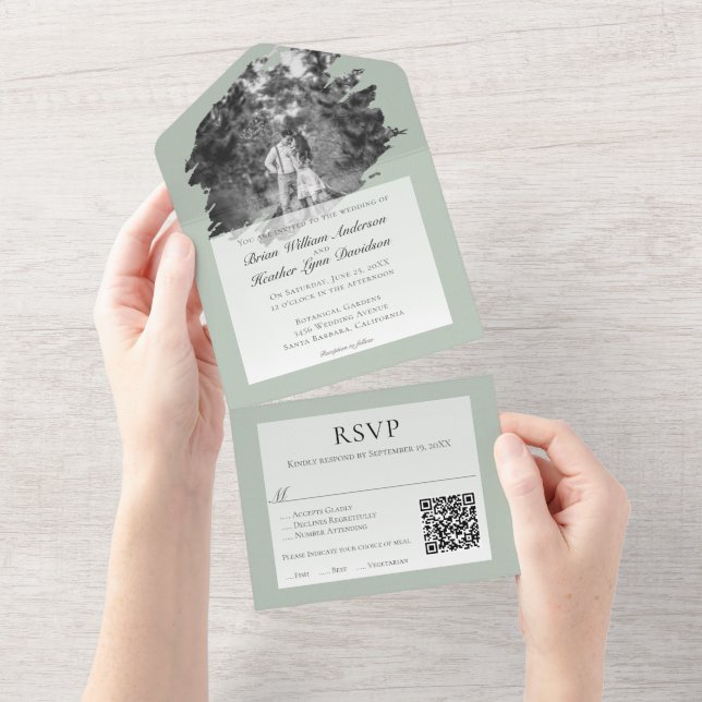 Modern Brushstroke Photo Wedding | Sage Green All In One Invitation (Tearaway)