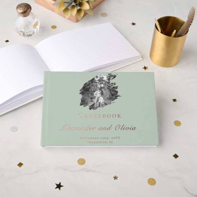 Modern Brushstroke Photo Wedding | Sage Green Foil Guest Book (Front Open)