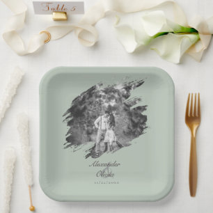 Modern Brushstroke Photo Wedding Sage Green Paper Plates