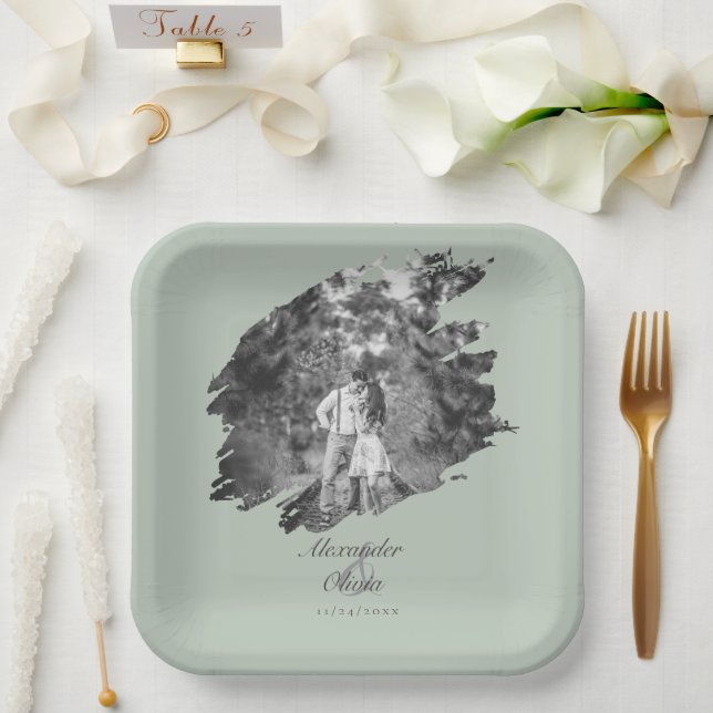 Modern Brushstroke Photo Wedding | Sage Green Paper Plates (Wedding)