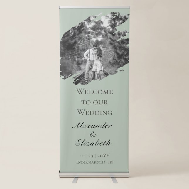 Modern Brushstroke Photo Wedding | Sage Green Retractable Banner (Front)