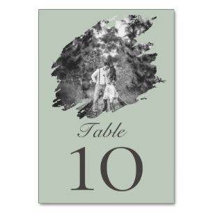Modern Brushstroke Photo Wedding   Sage Green Table Number