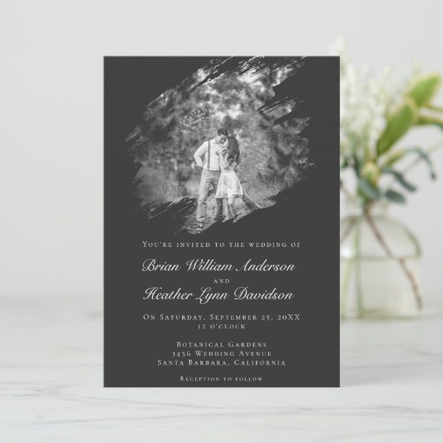 Modern Brushstroke Photo Wedding | Soft Black Invitation (Standing Front)