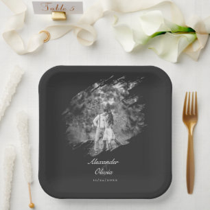 Modern Brushstroke Photo Wedding Soft Black Paper Plates