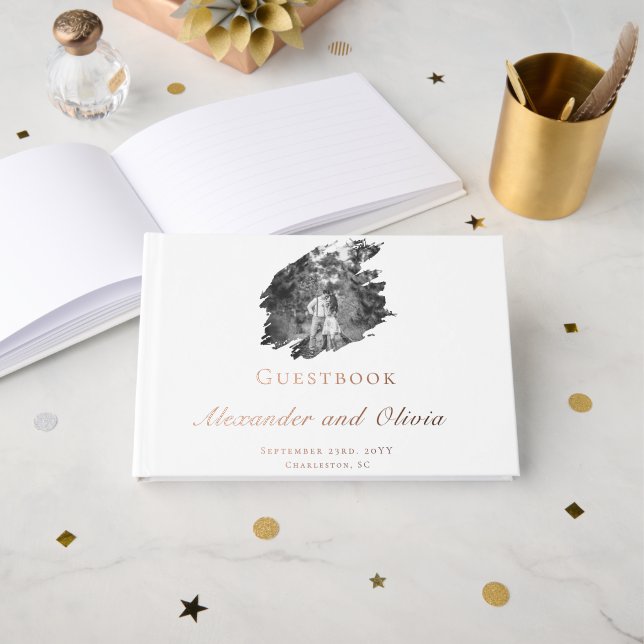 Modern Brushstroke Photo Wedding | White Foil Guest Book (Front Open)