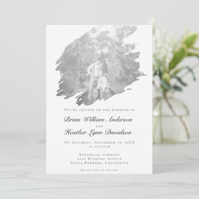 Modern Brushstroke Photo Wedding | White Invitation (Standing Front)