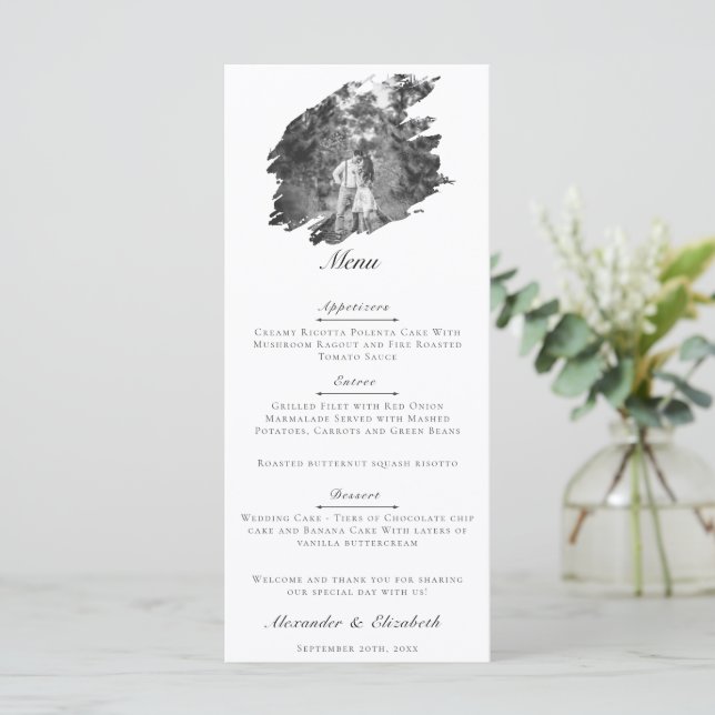 Modern Brushstroke Photo Wedding | White Menu (Standing Front)
