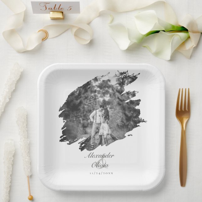 Modern Brushstroke Photo Wedding | White Paper Plates (Wedding)