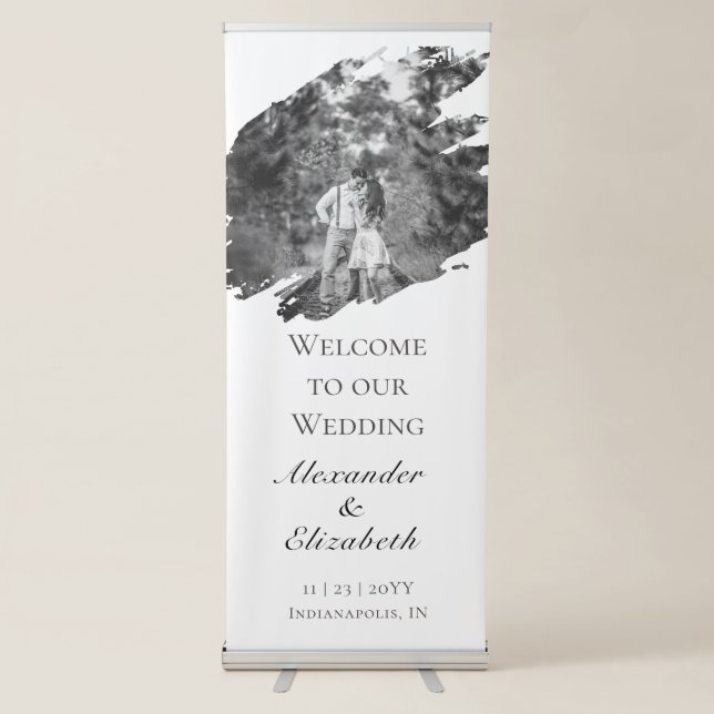 Modern Brushstroke Photo Wedding | White Retractable Banner (Front)