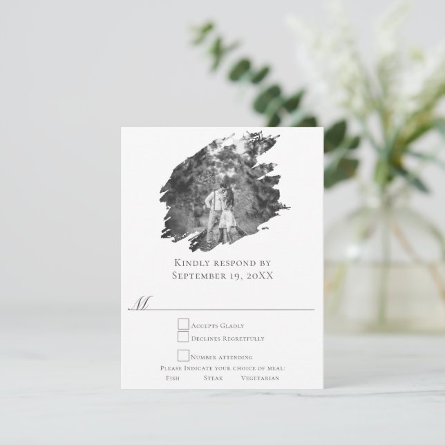 Modern Brushstroke Photo Wedding | White RSVP Card (Standing Front)