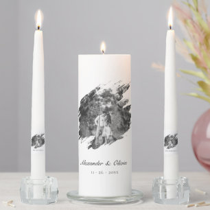 Modern Brushstroke Photo Wedding White Unity Candle Set