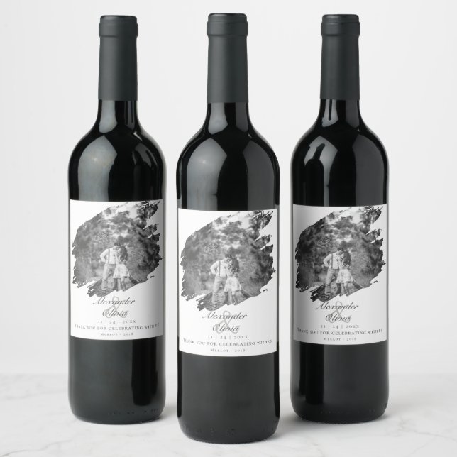 Modern Brushstroke Photo | White Wedding Wine Label (Bottles)