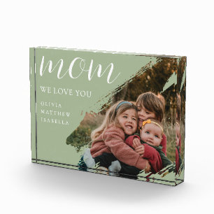 Modern Brushstroke Sage Green We Love You Mom Photo Block