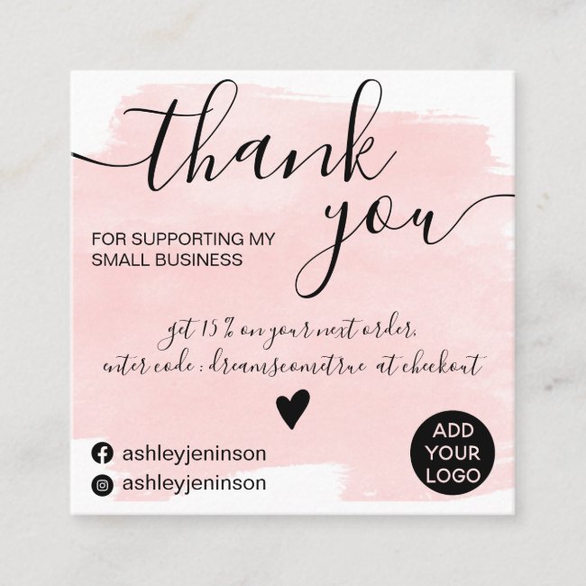 Modern brushstroke watercolor pink order thank you square business card
