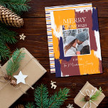 Modern Brushstrokes Family Photo Christmas Holiday Card<br><div class="desc">This modern and artsy holiday Christmas card is perfect for the season. It features hand-painted mustard yellow, terracotta red, navy blue, and white brushstrokes, a photo of your family or couple, and on the back, matching stripes. It's elegant, unique, trendy, and cool; the perfect design to send to friends and...</div>