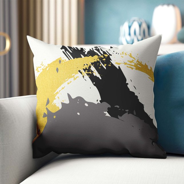 Modern Brushstrokes - Gold, Gray & Black Throw Pillow (Creator Uploaded)