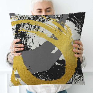 Modern Brushstrokes - Gold, Gray & Black Throw Pillow