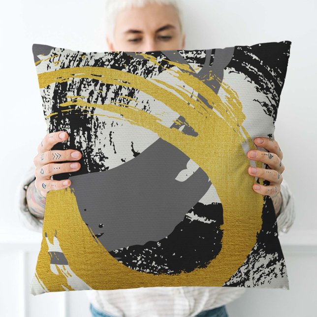Modern Brushstrokes - Gold, Gray & Black Throw Pillow (Creator Uploaded)