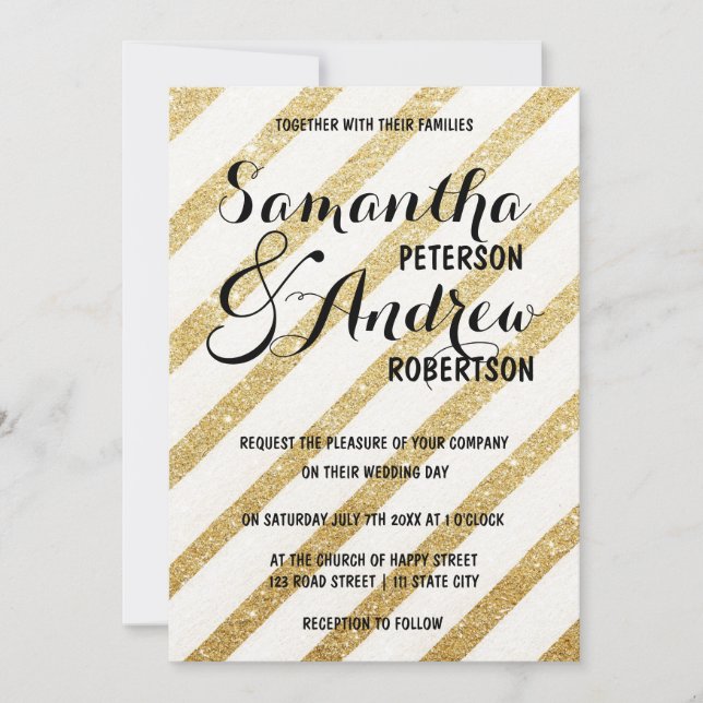 Modern brushstrokes gold stripes Wedding Invitation (Front)