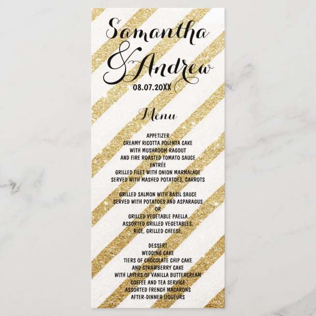 Modern brushstrokes gold stripes wedding menu (Front)