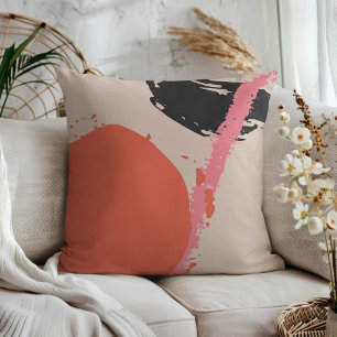 Modern Brushstrokes - Pink, Peach & Black on Beige Throw Pillow