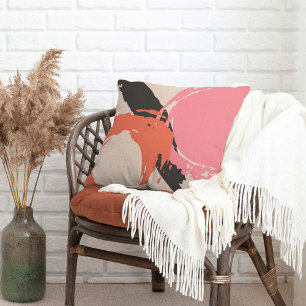 Modern Brushstrokes - Pink, Peach & Black on Beige Throw Pillow