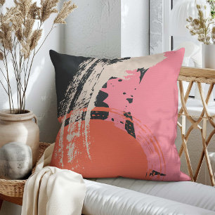 Modern Brushstrokes - Pink, Peach & Black on Beige Throw Pillow
