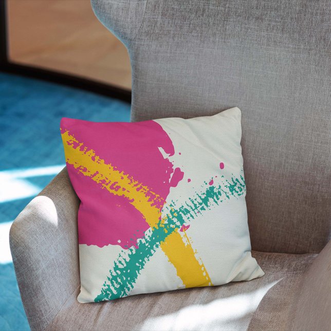 Modern Brushstrokes - Pink, Teal & Yellow on Cream Throw Pillow (Creator Uploaded)