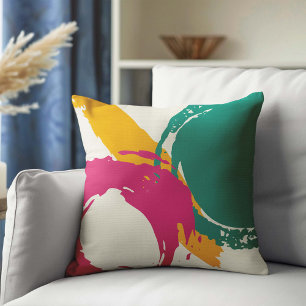 Modern Brushstrokes - Pink, Teal & Yellow on Cream Throw Pillow