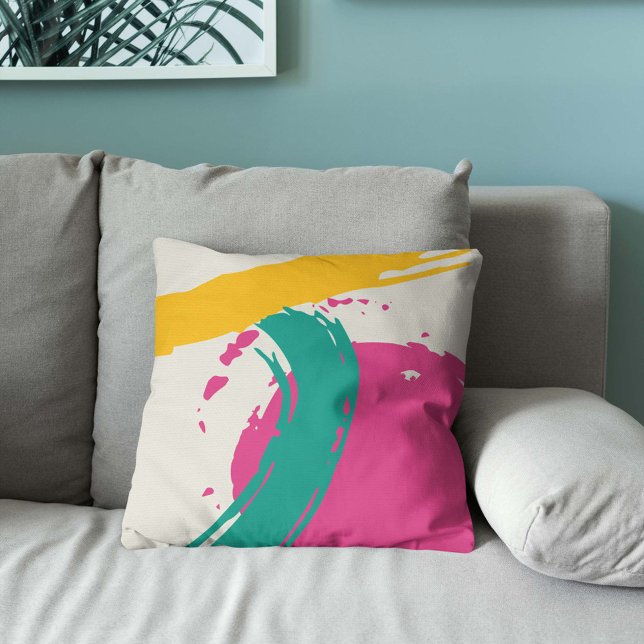 Modern Brushstrokes - Pink, Teal & Yellow on Cream Throw Pillow (Creator Uploaded)