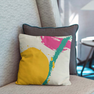 Modern Brushstrokes - Pink, Teal & Yellow on Cream Throw Pillow