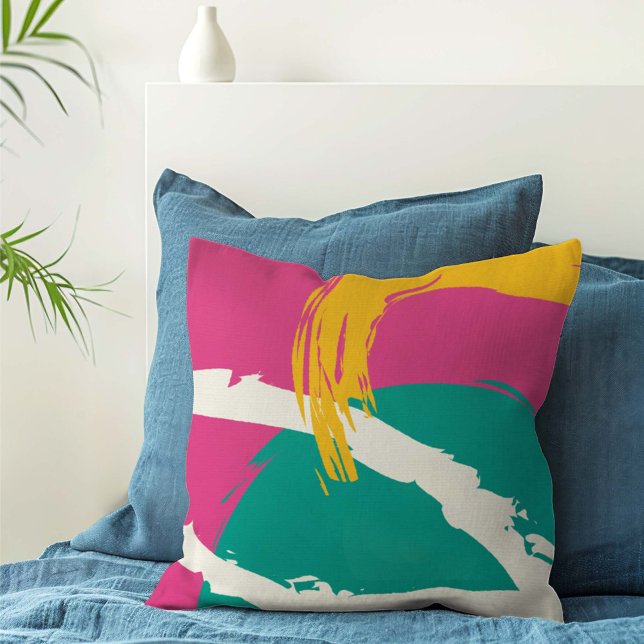 Modern Brushstrokes - Pink, Teal & Yellow on Cream Throw Pillow (Creator Uploaded)