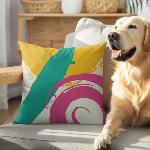 Modern Brushstrokes - Pink, Teal & Yellow on Cream Throw Pillow