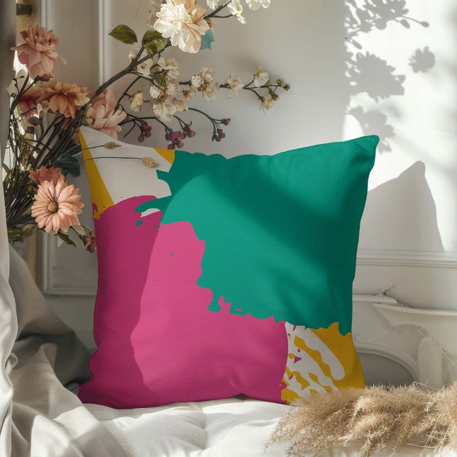 Modern Brushstrokes - Pink, Teal & Yellow on Cream Throw Pillow (Creator Uploaded)