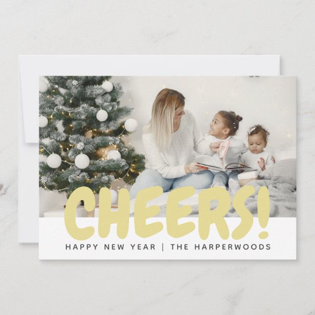 Modern Bubbly Script Cheers Happy New Year Holiday Card (Front)