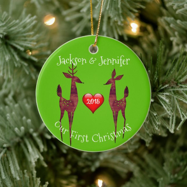 Modern Buck and Doe Our First Christmas Ceramic Ornament (Tree)