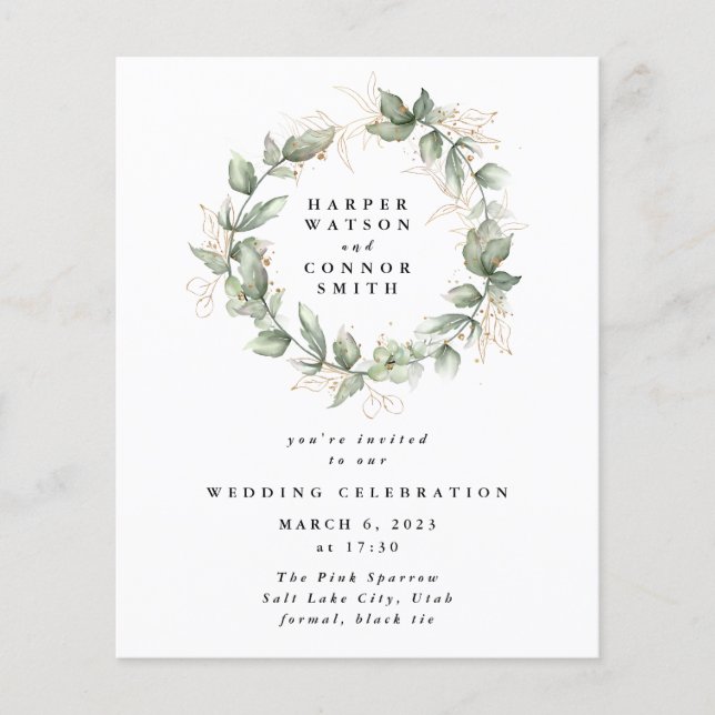 Modern Budget Gold Eucalyptus Wreath Wedding Flyer (Front)
