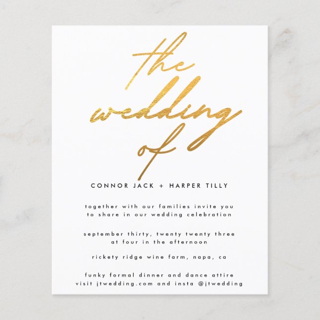 Modern Budget Gold Foil White The Wedding Invite (Front)