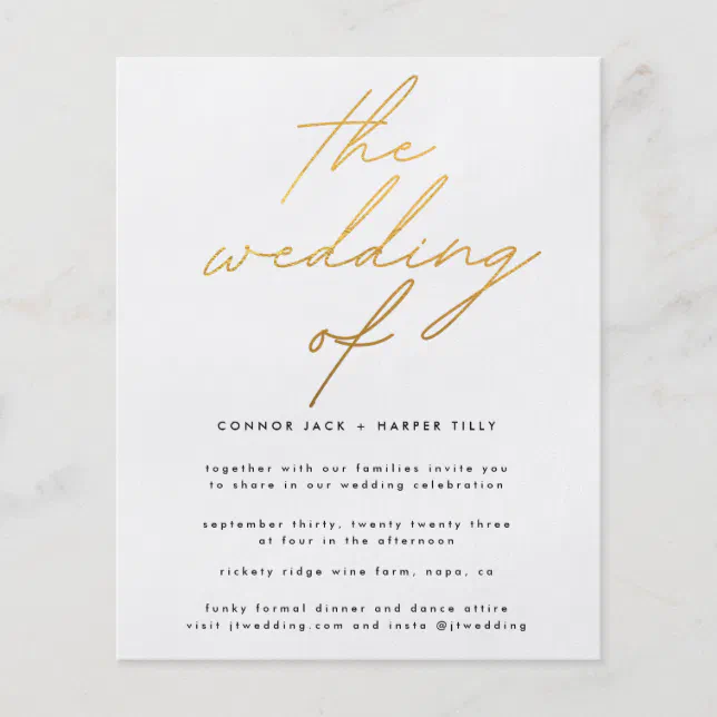 Modern Budget Gold Foil White The Wedding Invite Flyer | Zazzle