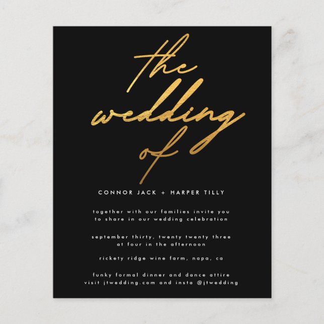 Modern Budget Onyx Gold The Wedding Invite Flyer (Front)