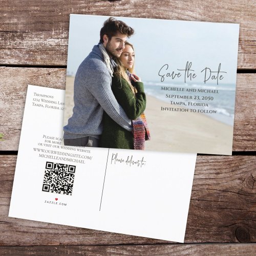 Modern Budget Save the Date Photo Wedding QR Code Announcement Postcard