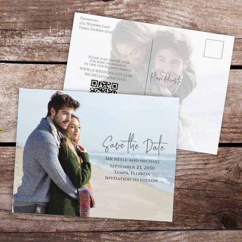 Modern Budget Save the Date Photo Wedding QR Code Announcement Postcard