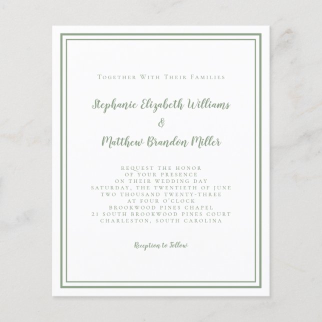 Modern Budget Simple Sage Green Wedding Invitation (Front)