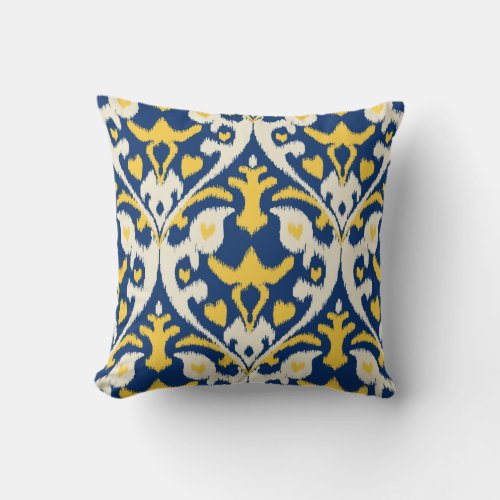 Modern buff yellow blue ikat tribal pattern throw pillow