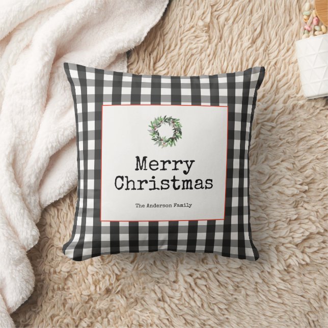Modern Buffalo Check Merry Christmas Throw Pillow (Blanket)